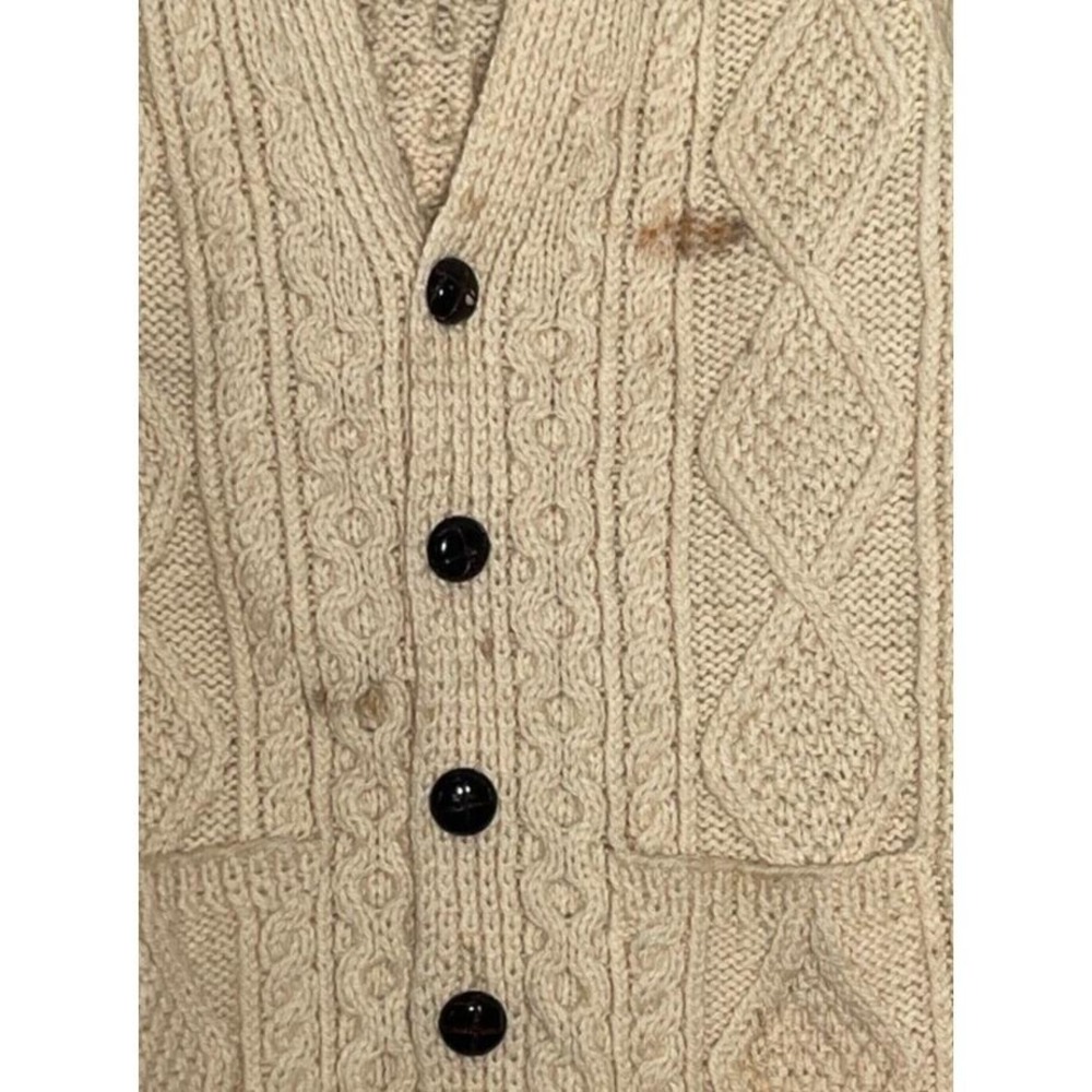 VTG Trumpeter Fisherman's Cardigan Sweater Cream Chunky Knit Ireland Stained 44" - Picture 3 of 4